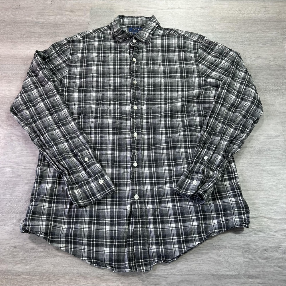Polo Ralph Lauren Shirt Mens XL Gray Plaid Slim Fit Button Up Long Sleeve